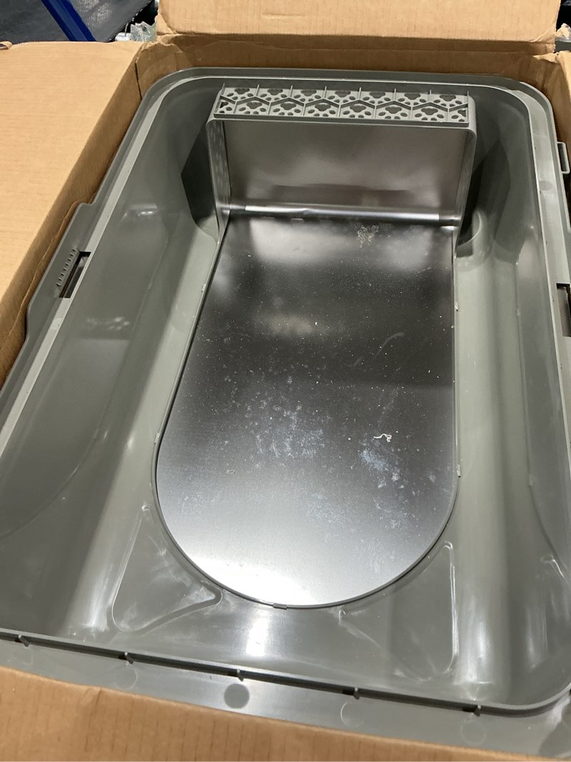 Condition photo showing As Is for stainless steel cat litter box, extra large high sided litter boxs for big cats, xl metal litter box with lid, non stick, no smell, easy to clean, included scoop x-large