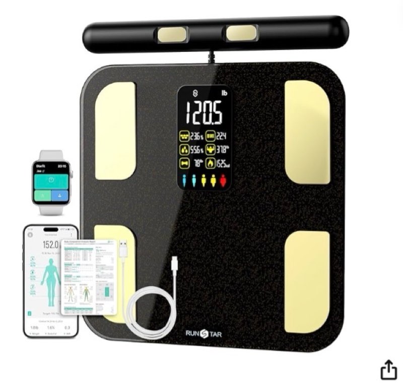 runstar scale for body weight, 8 electrodes high accurate rechargeable composition analyzer with bmr index body fat digital scale composition muscle & fat measurement large display 400lb