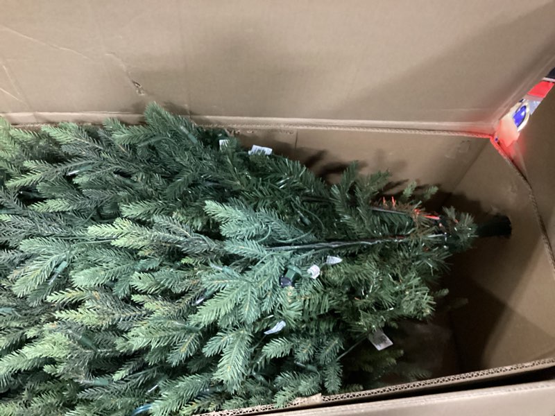 Condition photo showing As Is for puleo international 7.5 foot pre-lit balsam fir artificial christmas tree with 800 warm white led lights, green 7.5' balsam fir
