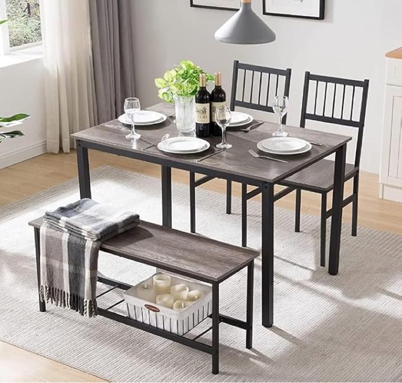 (incomplete))Dining Table Set For 4,Kitchen Table With 2 Benches,Wood Tabletop And Metal Frame,Breakfast Table Set For Small Space,Apartment,Dining Room, Home Office