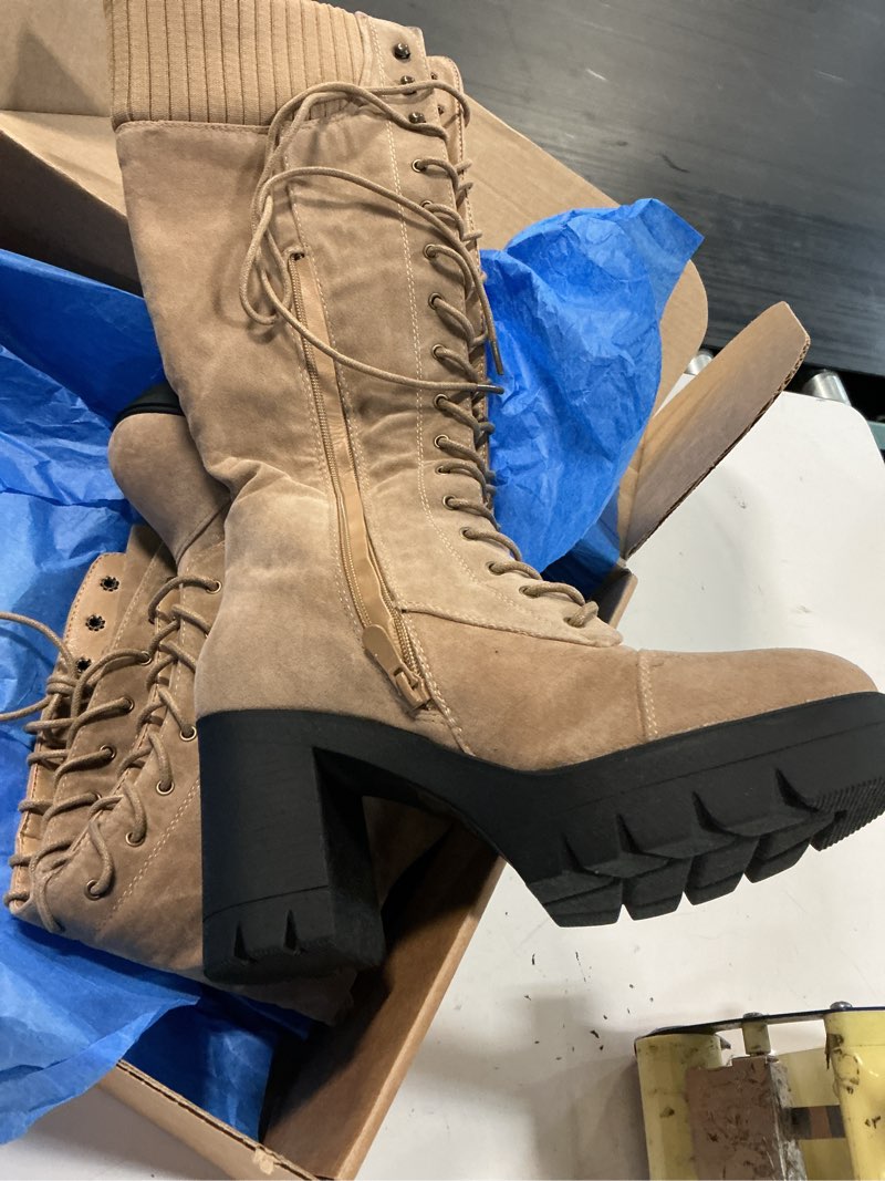 Condition photo showing New/Like New for women lace up chunky heel knitted cuff combat boots beige suede size 8/39