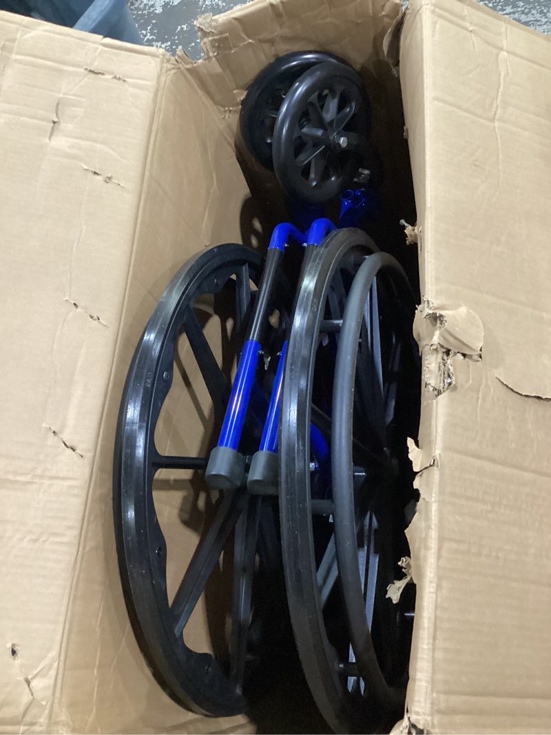 Condition photo showing As Is for drive medical blue streak lightweight wheelchair - portable folding mobility aid - swing-away footrests - desk arms - durable steel frame - easy transport & storage - 18-inch seat 18 inch
