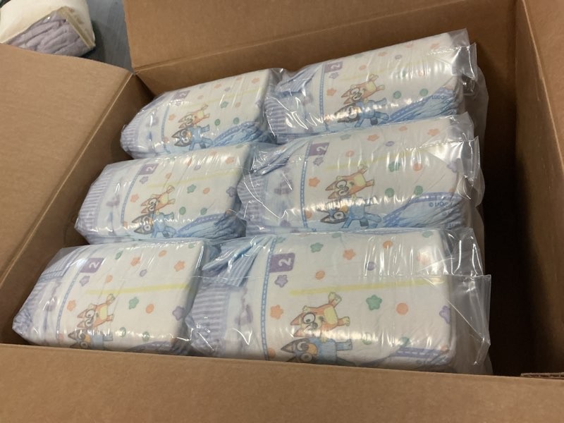 Condition photo showing New/Like New for luvs size 2 baby diapers, platinum protection bluey diapers for day & night, size 2, 264 count (packaging may vary) size 2 264