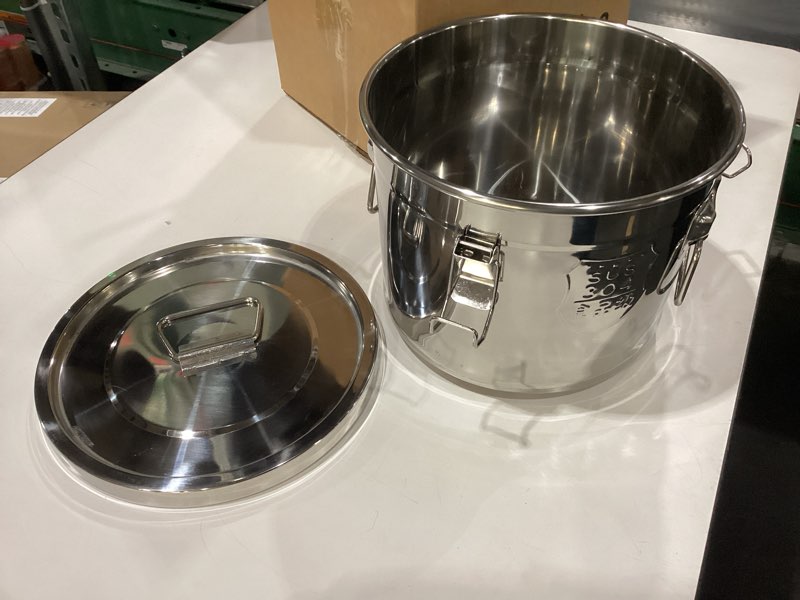Condition photo showing Good Condition for 2.37Gal Stainless Steel Canister with Airtight Lid 15-22Lbs Flour Storage Containers for Kitchen Metal Rice Bucket Coffee Canister Dog Food Container Milk Can w/Handles & Sealing Buckles 9L