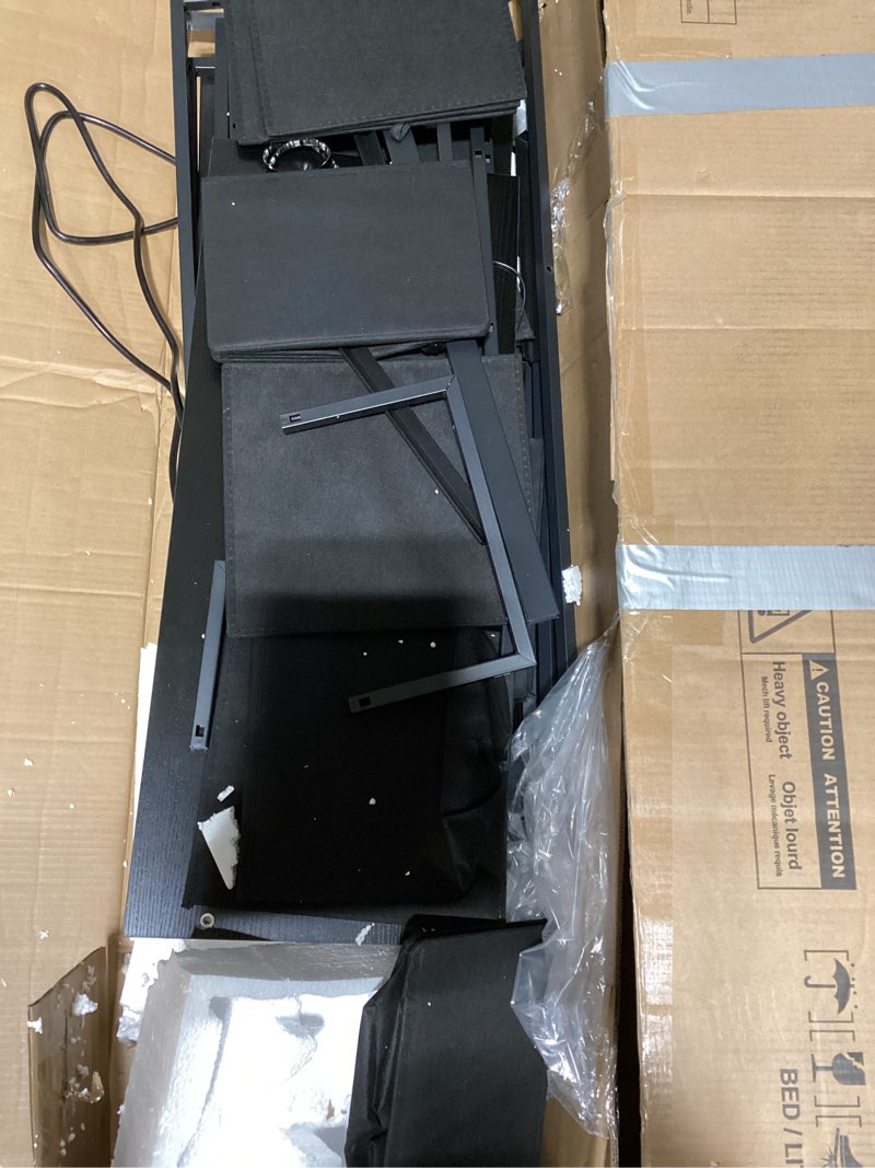 Condition photo showing As Is for huuger large tv stand for 65, 70 inch tv, 11 drawer long dresser with power outlets and led lights, entertainment center with storage, black dresser with pu leather surface, 13" d x 63" w x 26.8" h 13"d x 63"w x 26.8"h black