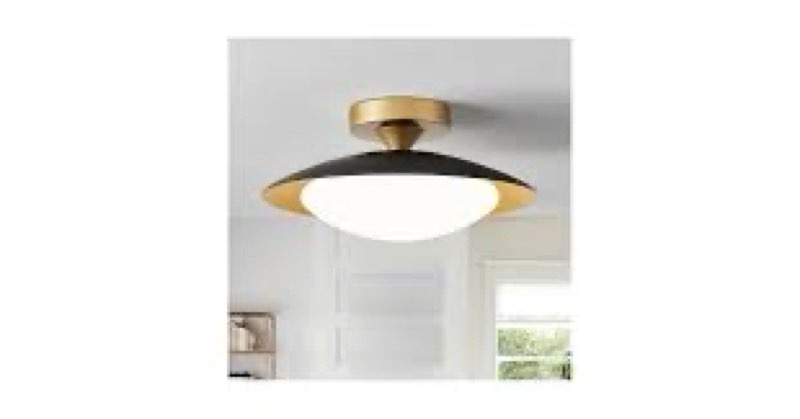 Dimmable Mid Century Modern Semi Flush Mount Ceiling Light with Acrylic Shade,Black Gold LED Ceiling