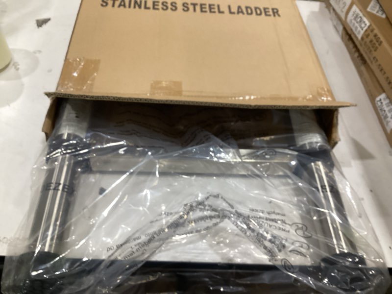 Condition photo showing New/Like New for dezex telescoping ladders 8.5 ft stainless steel ladder - one-button retraction telescopic ladder for home, rv, attic, loft, extension ladders with 2 triangle stabilizers, lasts 330 lbs silver 8.5 ft