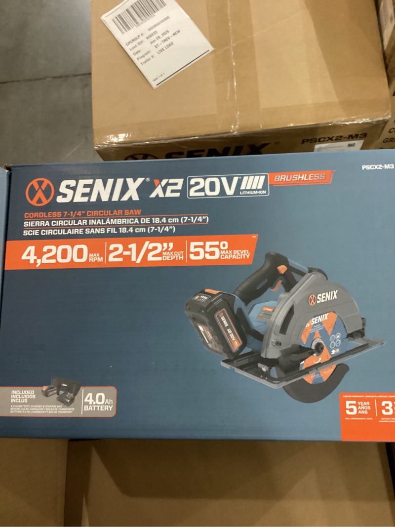 Condition photo showing New/Like New for senix 20 volt max* 7-1/4" cordless circular saw, brushless motor, led work light, 55 degree bevel, battery, charger, & storage bag included (pscx2-m3)