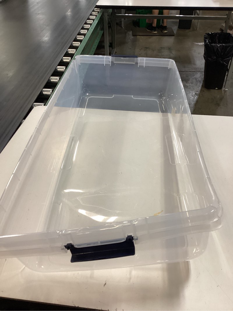 Condition photo showing As Is for project source large 13-gallons (52-quart) clear, white underbed tote with latching lid