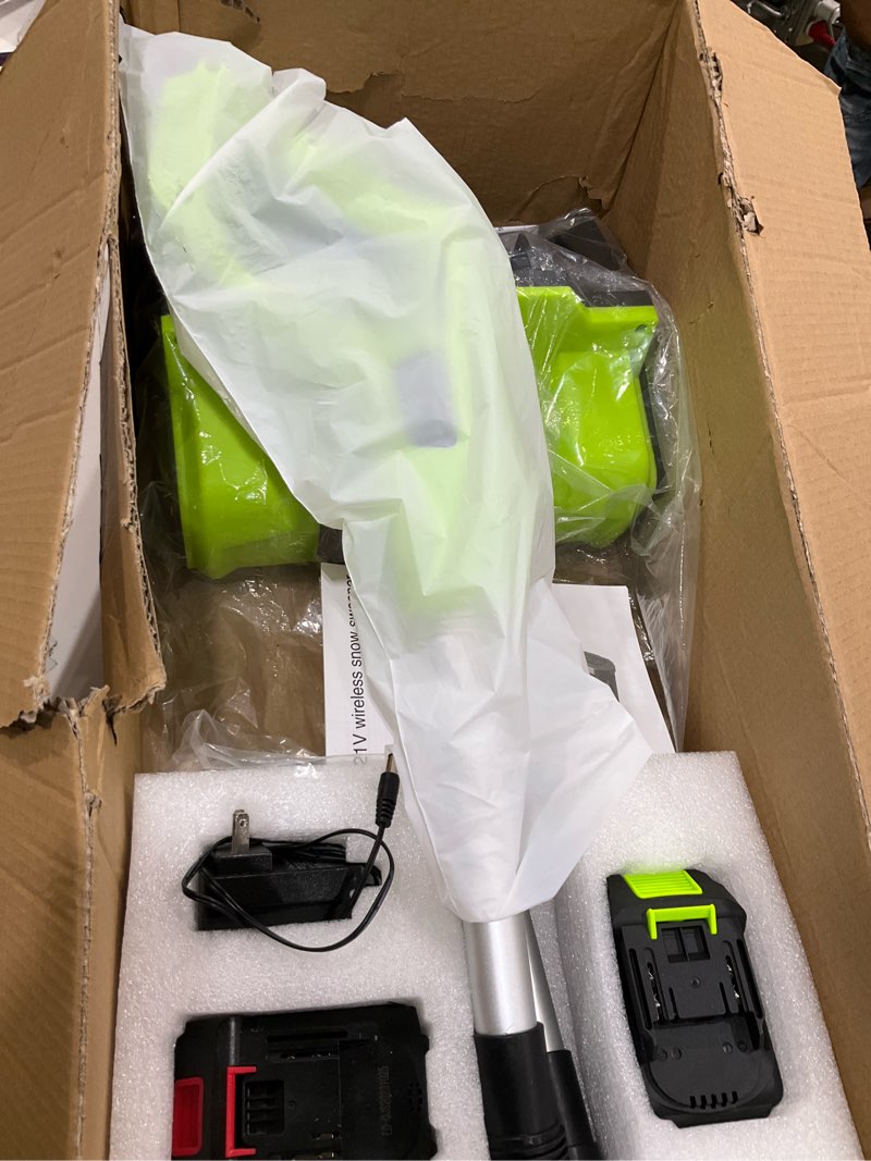 Condition photo showing Good Condition for Cordless Snow Shovel, 21V Cordless Electric Snow Blower with Battery and Charger, 19FT Throw Distance, Lightweight 9.9lb for Driveway, Sidewalk, Steps, Patio(Green)