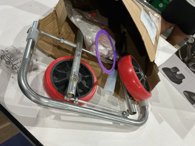 Condition photo showing As Is for toilet installation jack, stainless steel foldable toilet cart jack with positioning, rubber wheels toilet dolly lift tool for plumbers