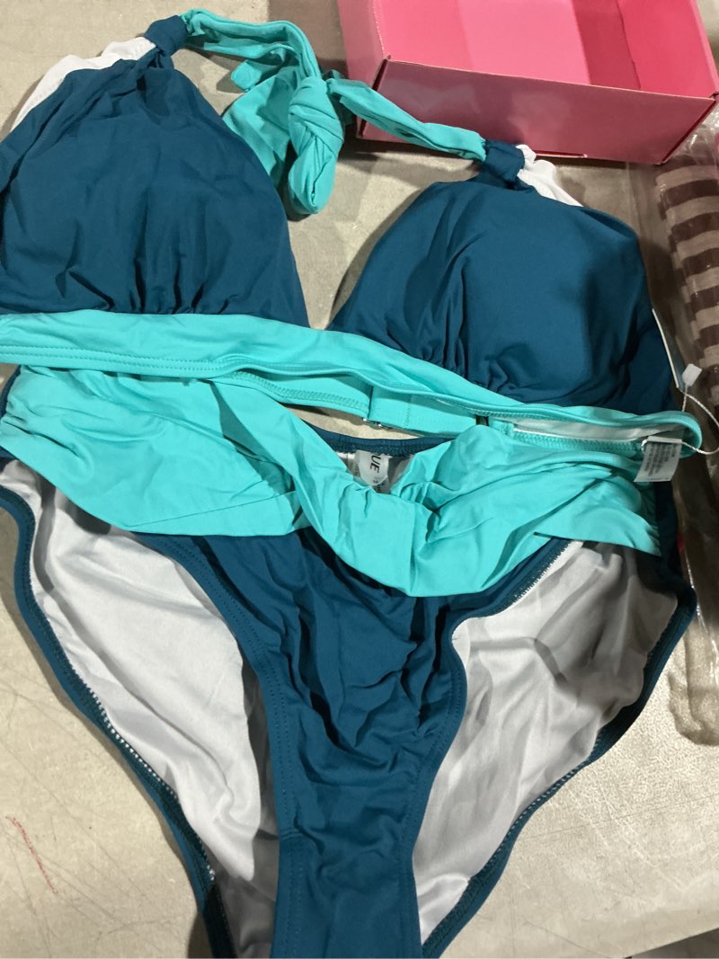 Condition photo showing Good Condition for yonique women two piece bathing suits push up bikini set halter swimsuit vintage swimwear medium teal and green