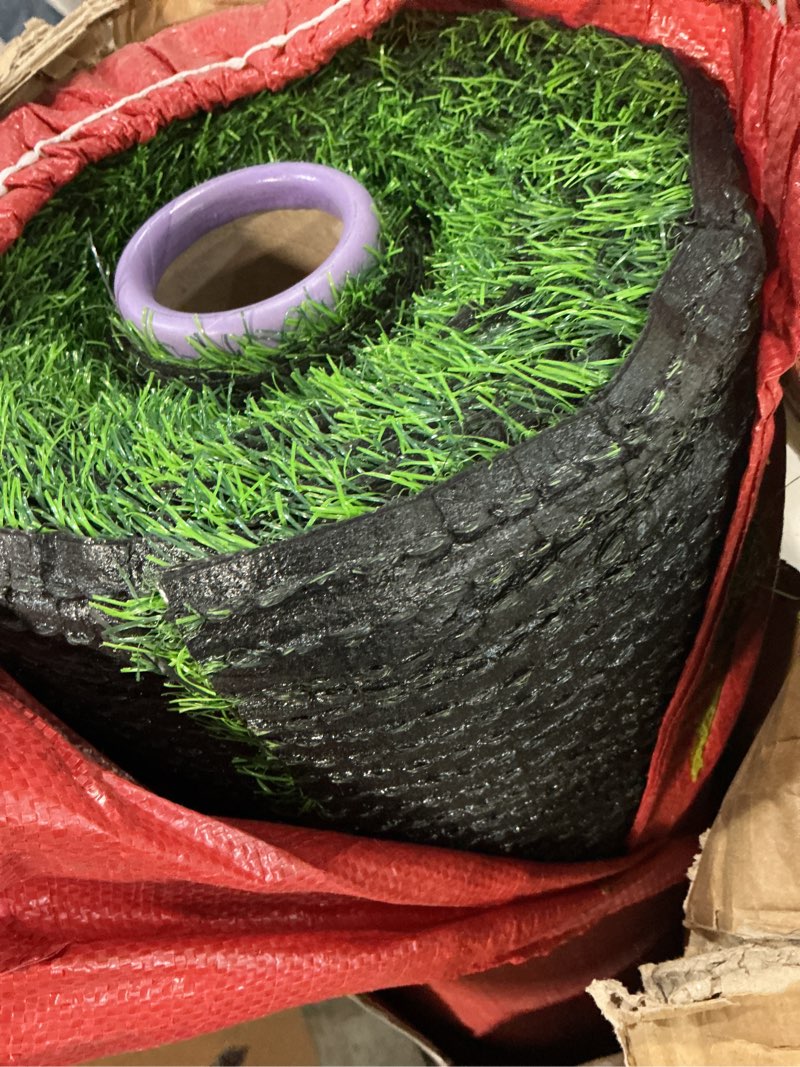 Condition photo showing Good Condition for myoyay artificial grass turf rug, 3.3ft x 33 ft large realistic grass lawn carpet roll,1.18" thick synthetic turf mat with drain holes for indoor outdoor garden landscape dog -109 sq. ft spring green
