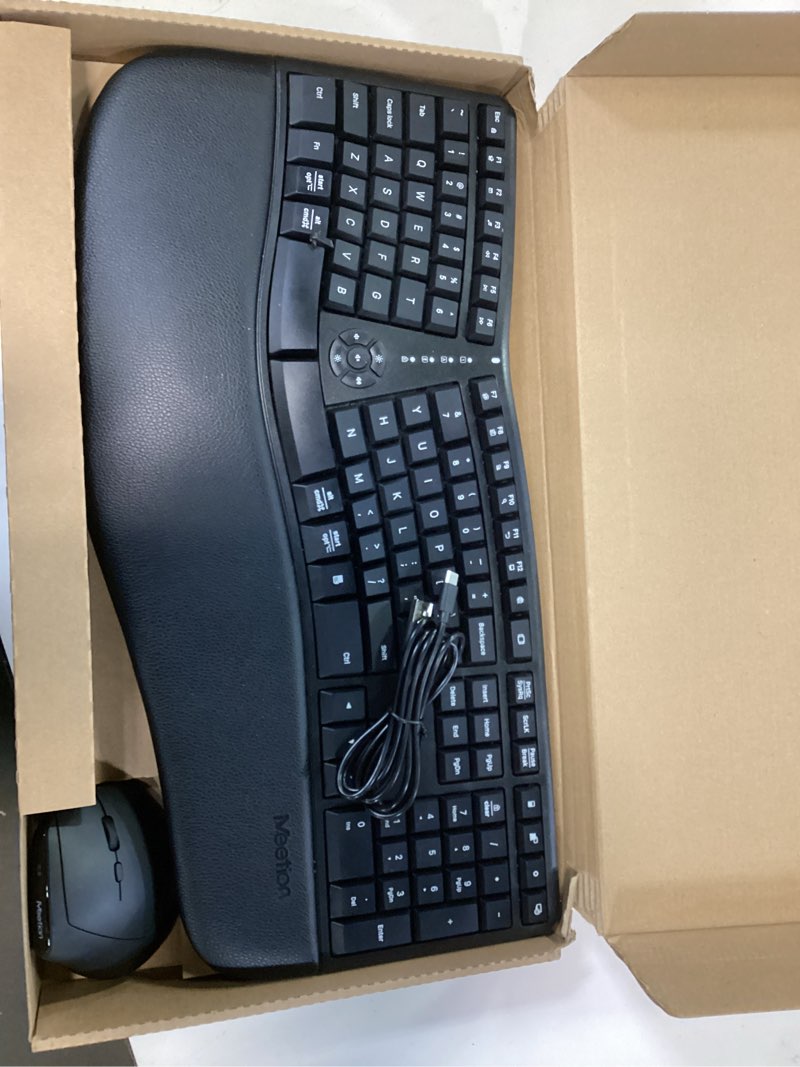 Condition photo showing As Is for MEETION Ergonomic Keyboard and Mouse, Wireless Keyboard with Vertical Mouse, Split Curved Keyboard with Wrist Rest, Natural Typing USB Receiver Rechargeable Full Size, Windows/Mac/PC/Laptop, Large Large Black