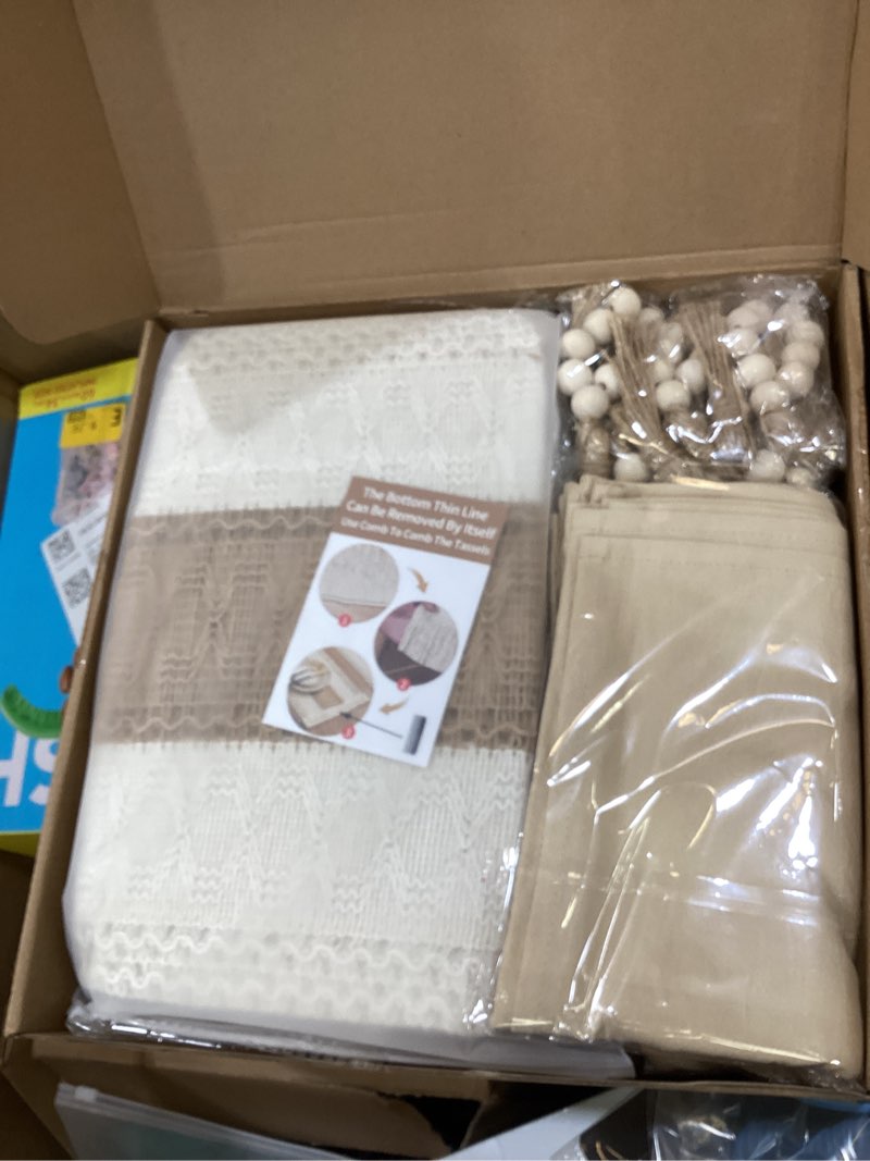 Condition photo showing Good Condition for 6 sets boho decoration placemats round woven placemats, cloth napkins, wood bead napkin rings, long table runner and farmhouse burlap cotton for table kitchen (khaki,12x72) khaki 12x72" 6