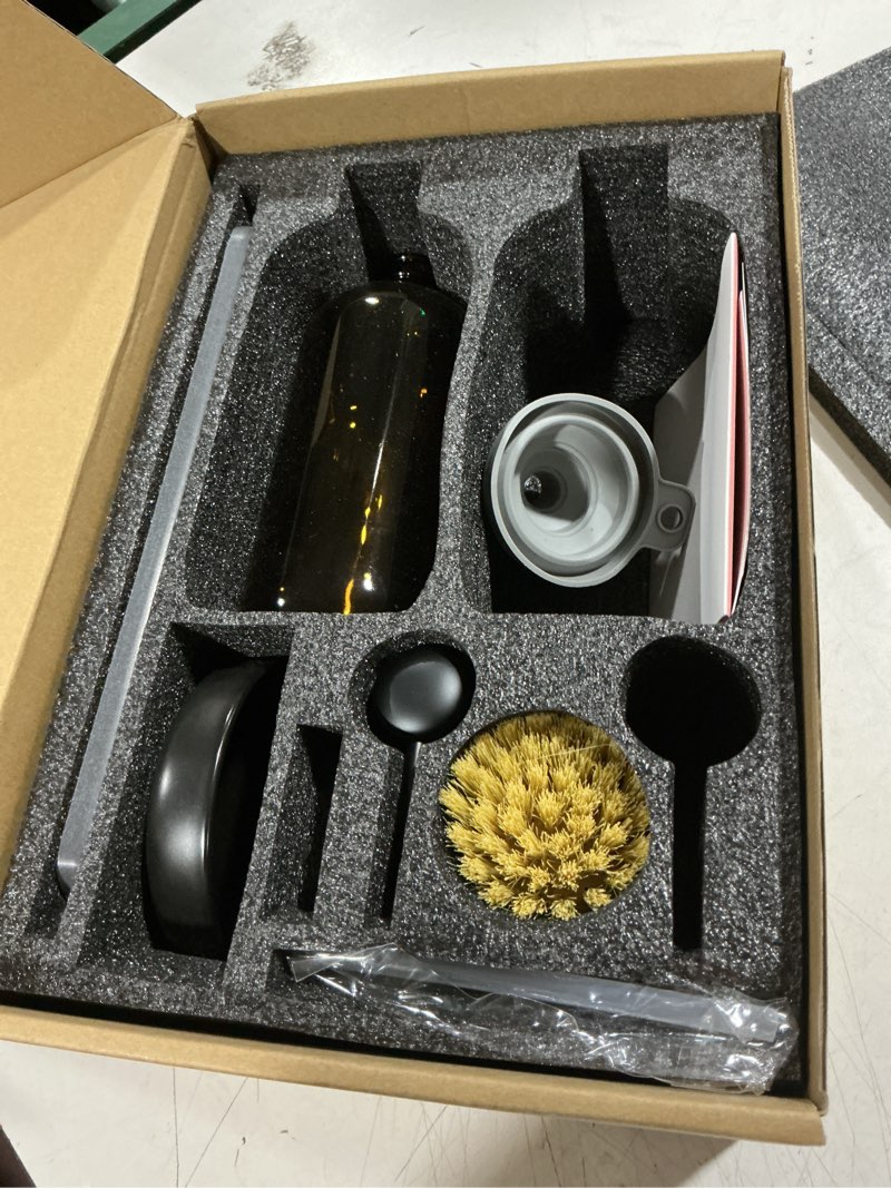 Condition photo showing As Is for [luxury] kitchen soap dispenser set - 16oz amber glass bottle, stainless steel pump, instant dry tray, waterproof labels, non-slip silicone pad, and dish brush | upgrade for your kitchen and bathroom amber bottle + black pump