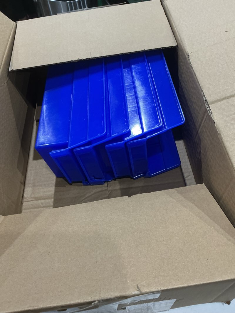 Condition photo showing Good Condition for akro-mils 30120 plastic shelf bins, heavy duty storage bins for garage, closet, and drawer organization, 12" x 4" x 4", blue, 24-pack