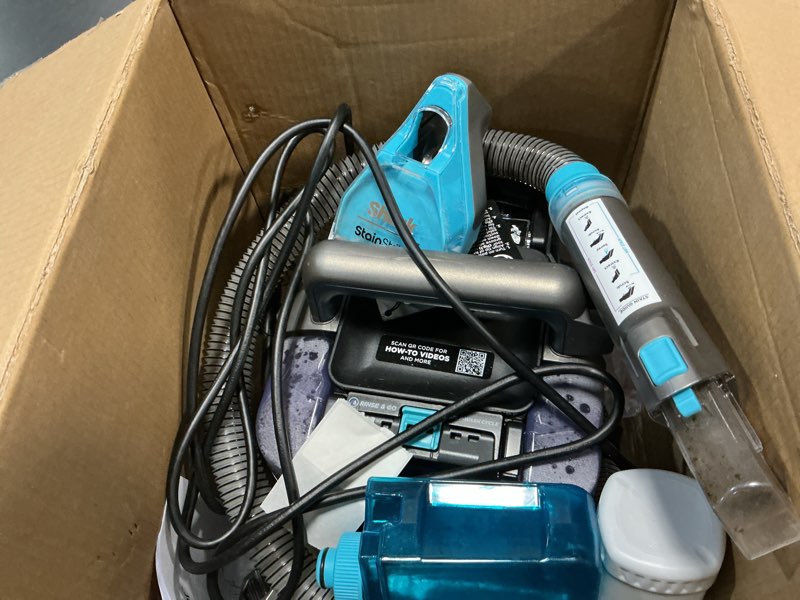 Condition photo showing As Is for shark stainstriker hairpro portable carpet, upholstery & area rug cleaner, stain, hair & odor remover, 3 tools & dual activated solution, teal, px253brn stainstriker w/ hairpro (teal)
