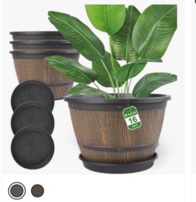 16-inch-Plant-Pots-Indoor-Outdoor, 4 Pack Large Whiskey Barrel Planters with Drainage Holes & Saucer