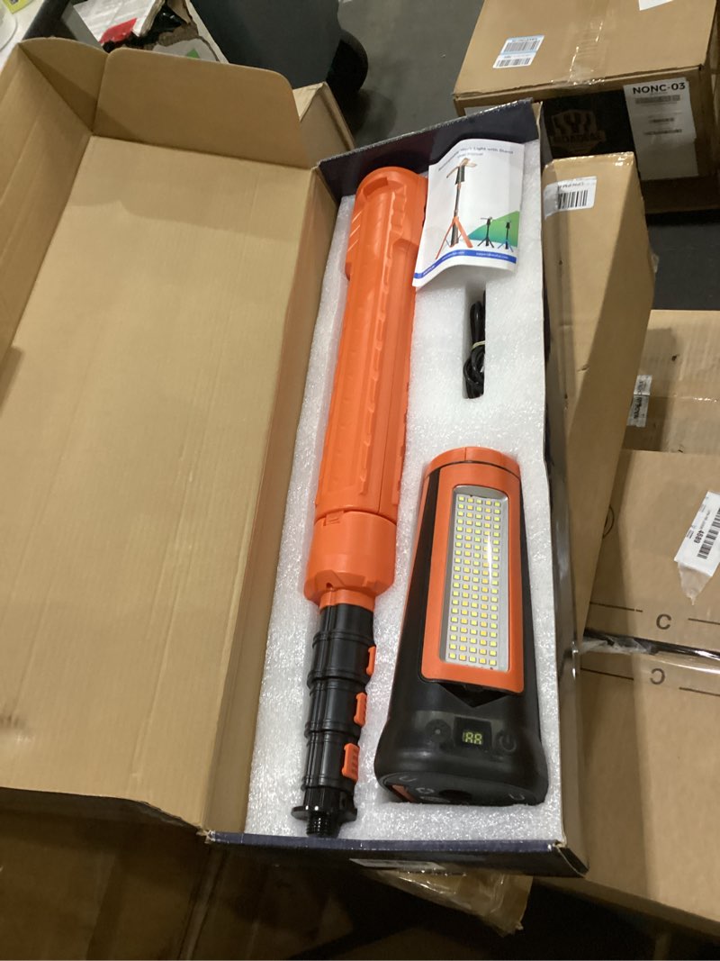 Condition photo showing Good Condition for Rechargeable Camping Light with Stand 7ft Max Height, 15000mAh Portable Cordless LED Work Light, 5500 Lumen 6500/4500/3500K Dimmable Emergency Flashlight with Detachable Tripod, Orange