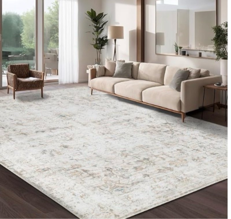 Washable 9×12 Area Rug for Living Room, Vintage Floral Rug Soft Non Slip Stain Resistant Boho Carpet for Indoor Bedroom Dinning Room Home Office Beige