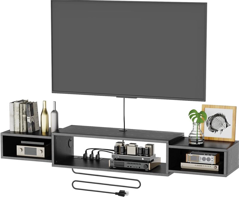 55" Wall Mounted TV Cabinet with Power Outlet, Floating Wood Media Console for Audio, Video, Game Console, Modern Entertainment Center for Living Room & Bedroom, Black