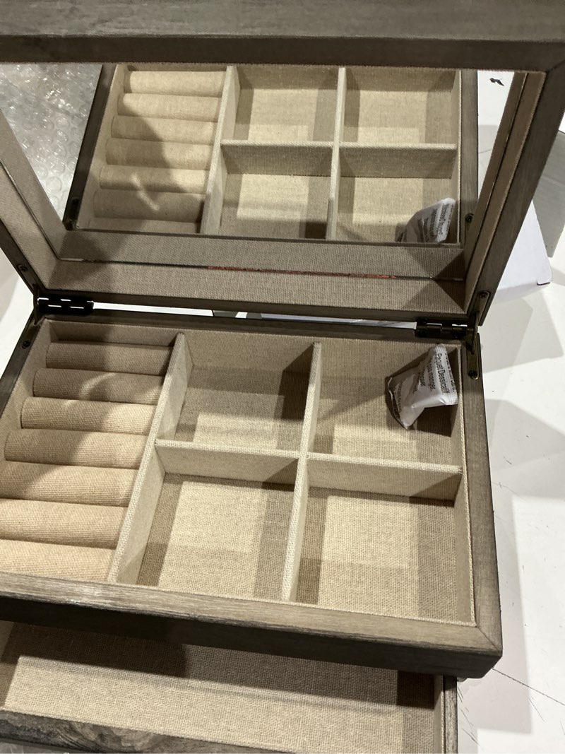 Condition photo showing Good Condition for meangood jewelry box organizer for women, 2 layer large jewelry storage case, rustic wooden jewelry box with mirror & ring tray for necklace earring bracelets rings, vintage style (weathered grey) 2 layer 2 layer weathered grey
