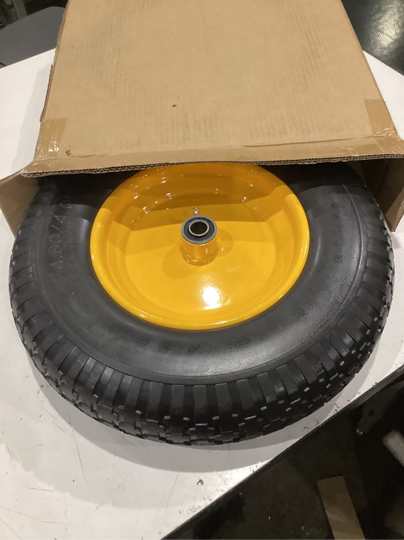 Condition photo showing Good Condition for 4.80/4.00-8 tire and wheel,16”solid tires,excellent quality and high performance,wheelbarrow wheel with 3”-7”centered hub,5/8"&3/4" bearing,fit for wheelbarrow/wagon/trolley/garden cart
