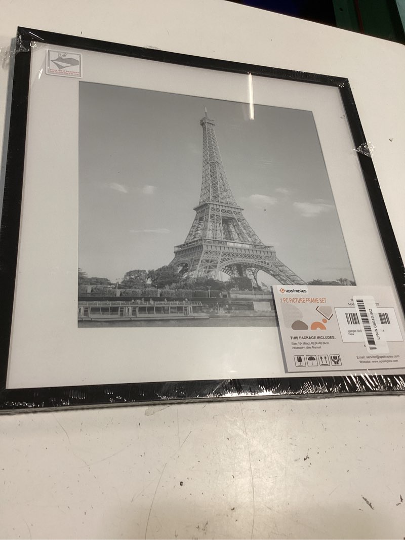 Condition photo showing New/Like New for upsimples 16x16 picture frame, display pictures 12x12 with mat or 16 x 16 without, wall hanging square frames, black, 1 pack black 16x16