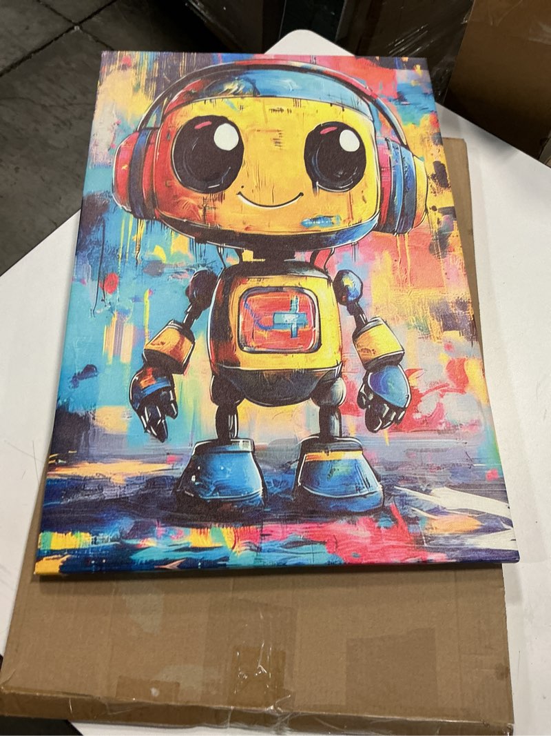 Condition photo showing Good Condition for vintage robot canvas wall art abstract pop art wall decor prints graffiti style posters painting framed artwork for teen boy game room bedroom living room home office interior decoration 16x24 inches robot02 24"l x 16"w