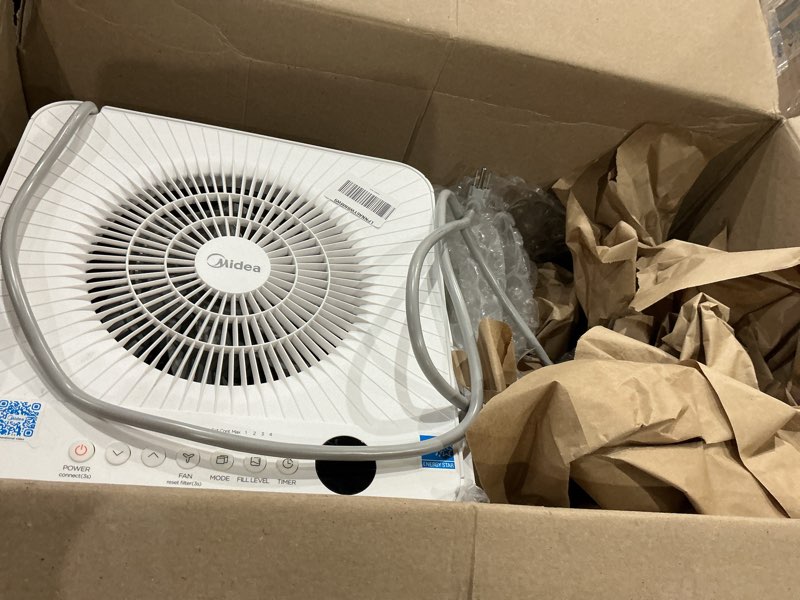 Condition photo showing As Is for midea cube 20 pint dehumidifier for basement, up to 1,500 sq. ft. dehumidifier with drain hose, energy star certificated, smart control, compatible with alexa, white