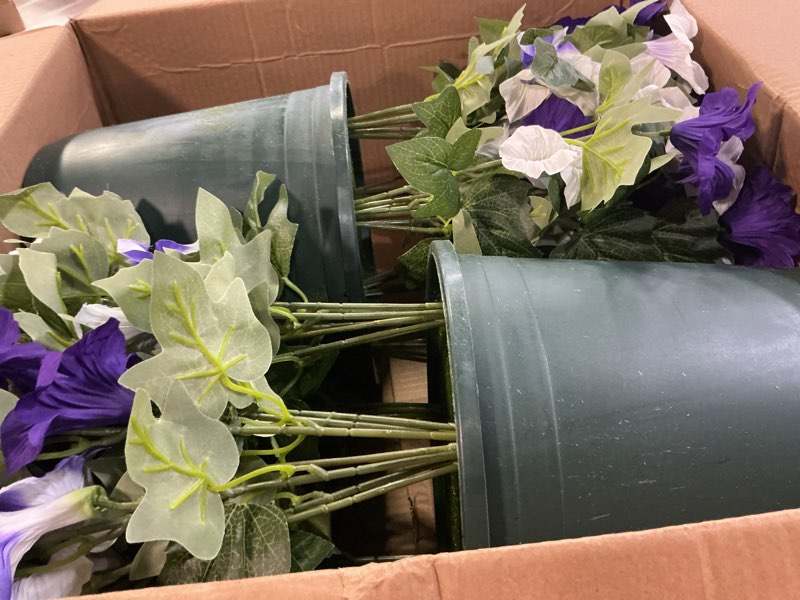 Condition photo showing Good Condition for martine mall artificial flowers for outdoors, 2 potted realistic fake outdoor flowers, uv resistant silk petunia flower for outside look real faux flower plants in pot for porch garden decor, 20'' purple white 2 pot