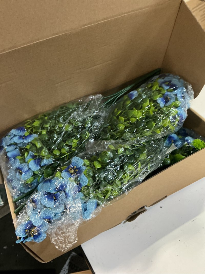Condition photo showing New/Like New for 20 bundles outdoor artificial flowers,uv resistant fake flowers outdoor plastic plants faux silk flower for outside indoor decoration(blue) blue 20 bundles