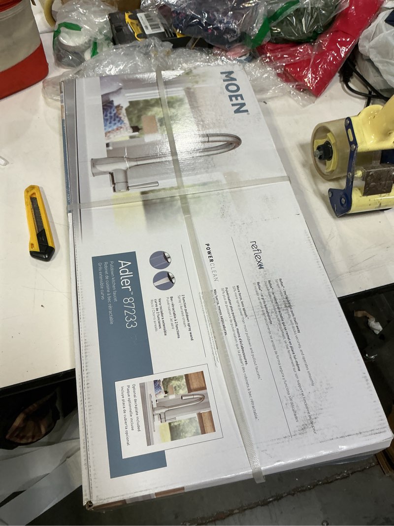 Condition photo showing New/Like New for Moen Adler Chrome One-Handle High Arc Kitchen Sink Faucet with Power Clean, Modern Kitchen Faucet with Pull Down Sprayer, 87233 Chrome Standard