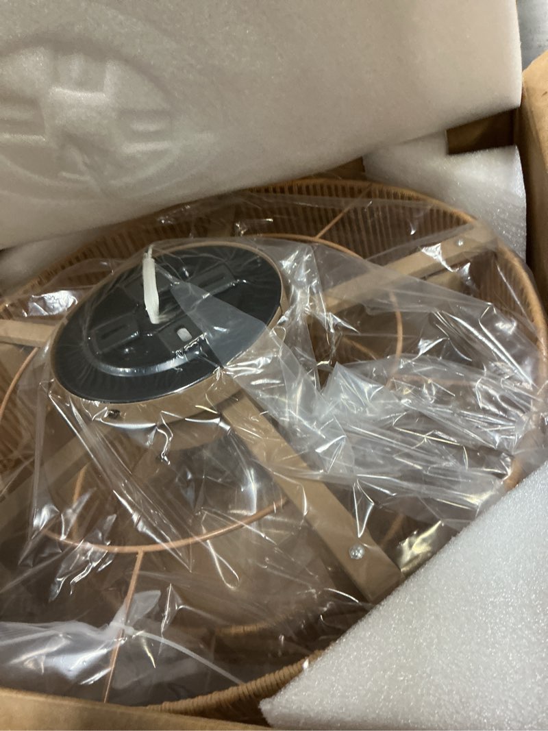 Condition photo showing Good Condition for 20 inch boho caged ceiling fans with lights flush mount, layered rattan ceiling fan with light remote control with reversible 6 speeds for bedroom, nursery, living room, e12 base, indoor gold 20" layered rattan boho caged ceiling fan with lights