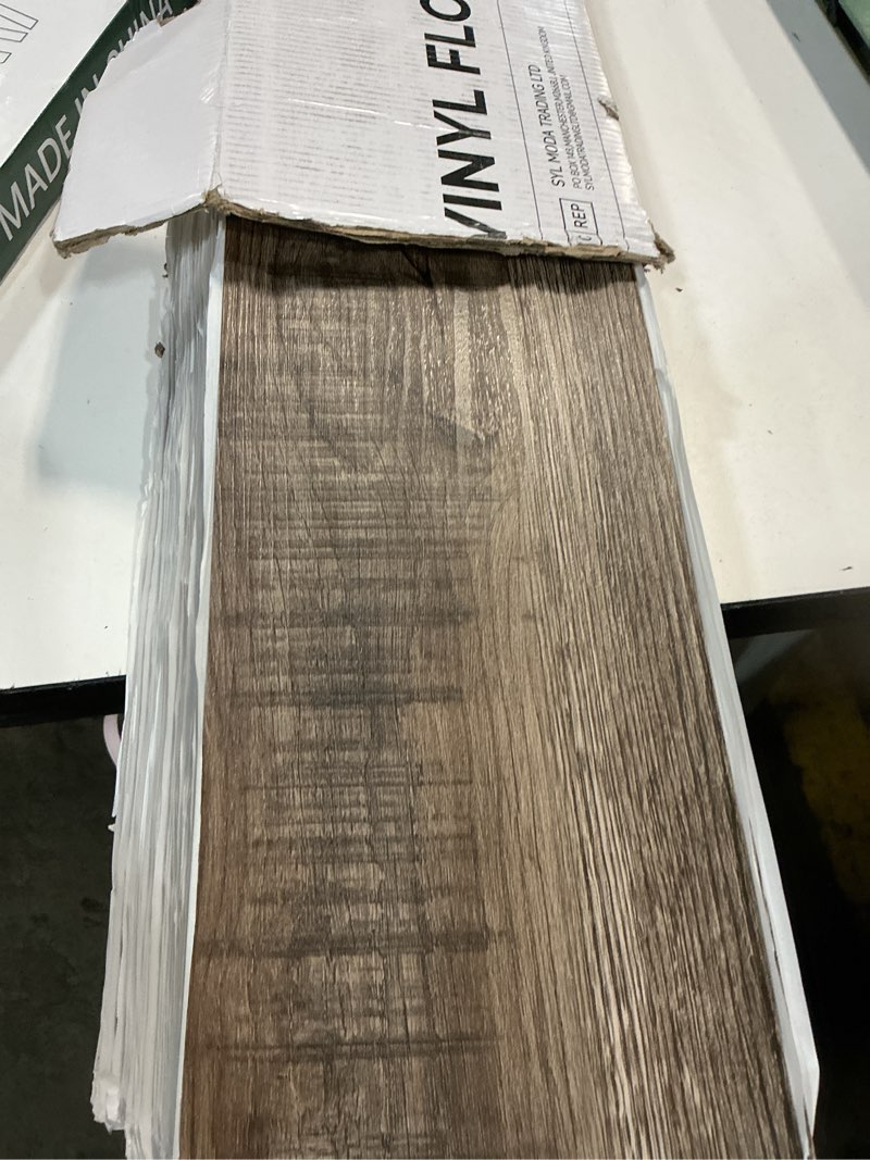 Condition photo showing As Is for Peel and Stick Floor Tile, INMOZATA 36-Pack 54 Sq.Ft Self Adhesive Vinyl Plank Flooring Wood Grain Look 36x6 Inch Waterproof Tile Sticker for Bedroom, Living Room, Kitchen, RV (Smoked Brown) 36 x 6 inches Smoked Brown 36