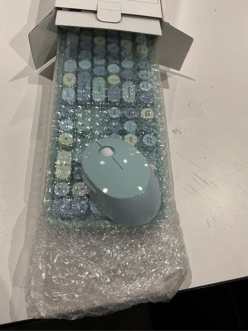 Condition photo showing Good Condition for wireless keyboard and mouse combo, ergonomic full size typewriter retro round keycaps keyboard, compatible with windows, pc, perfer for home and office keyboards (blue
