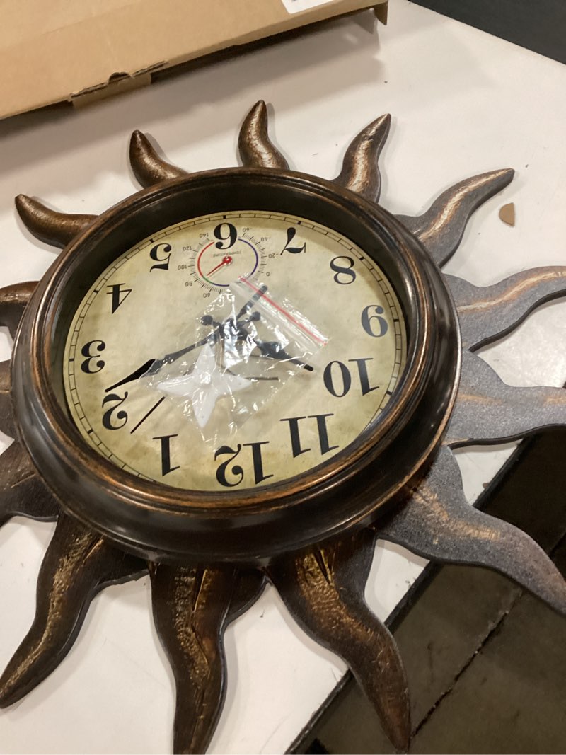 Condition photo showing Good Condition for sun outdoor clock with thermometer - silent non-ticking retro decorative wall clock, waterproof for patio, garden, pool, bathroom, kitchen - 13 inch, bronze 13 bronze