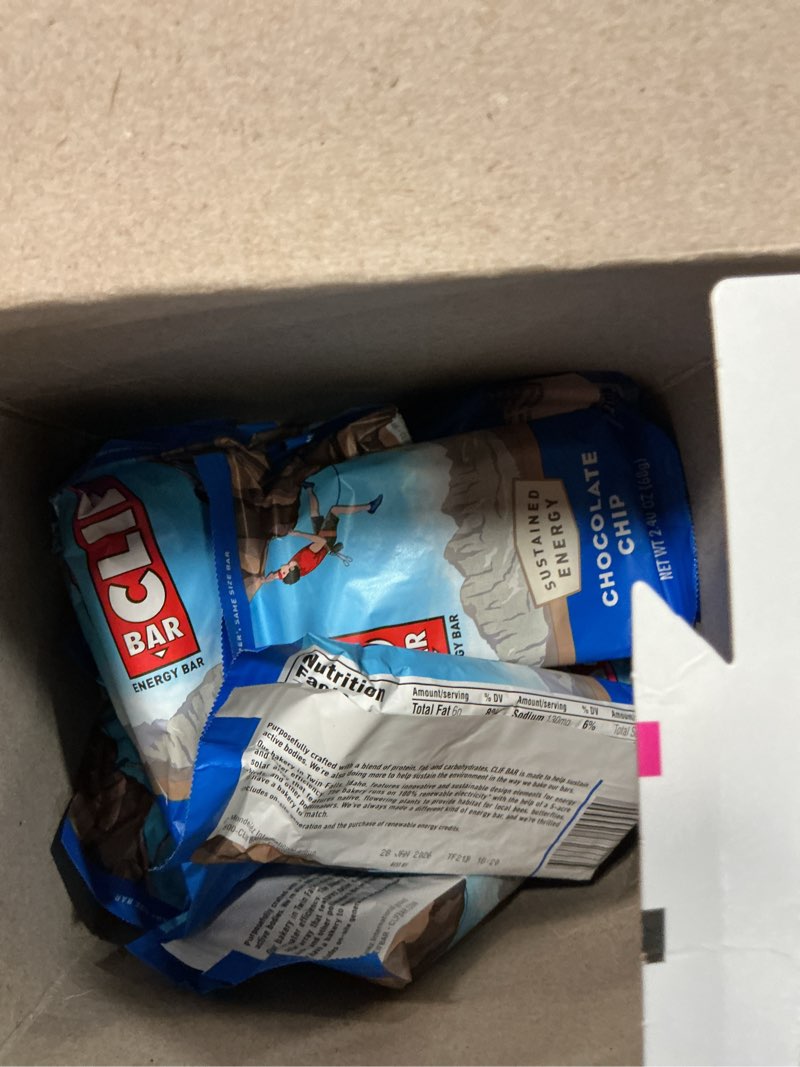 Condition photo showing New/Like New for ( best by Jan 28/2026) CLIF BAR - Chocolate Chip - Made with Organic Oats - 10g Protein - Non-GMO - Plant Based - Energy Bars - 2.4 oz. (15 Pack)