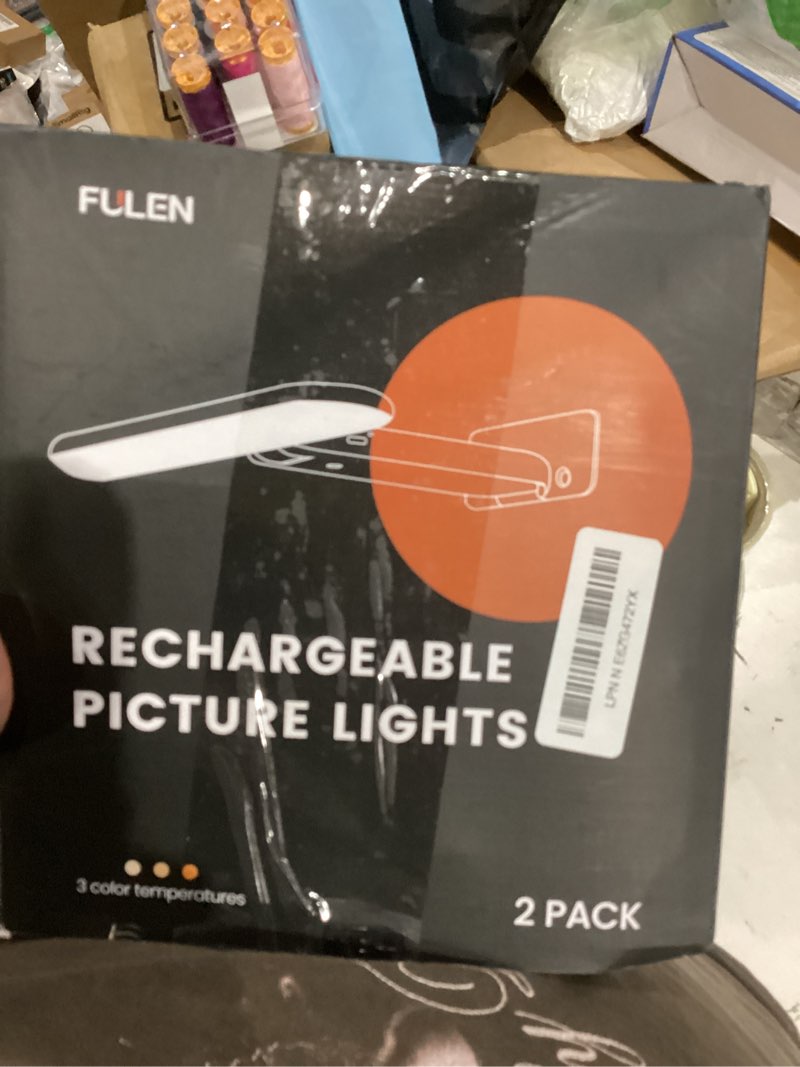 Condition photo showing As Is for fulen 2 pack picture lights for wall,art lights for painting,battery operated wall sconce rechargeable,led wall light cordless with remote, frame,gallery,dartboard lights no-drill,black black 2 pack