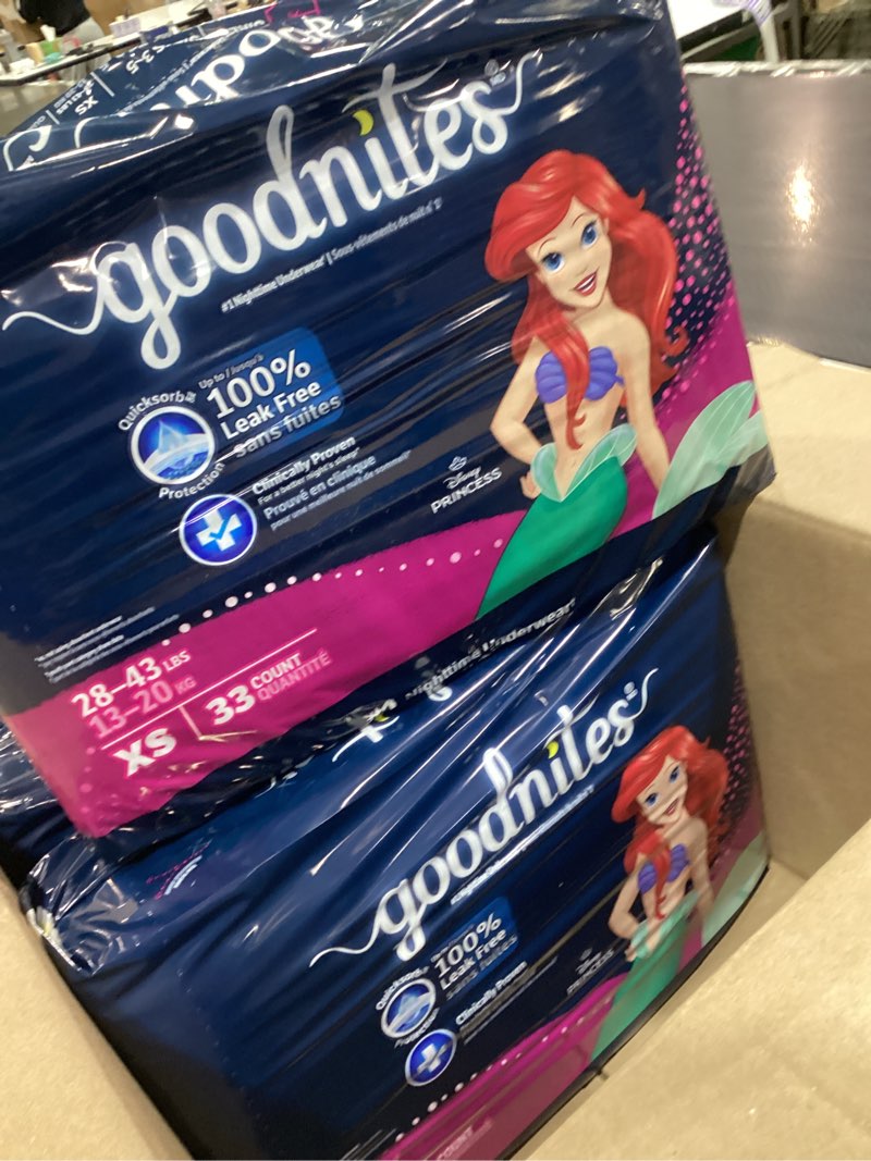 Condition photo showing New/Like New for goodnites girls' nighttime bedwetting underwear, size extra small (28-43 lbs), 99 ct, packaging may vary