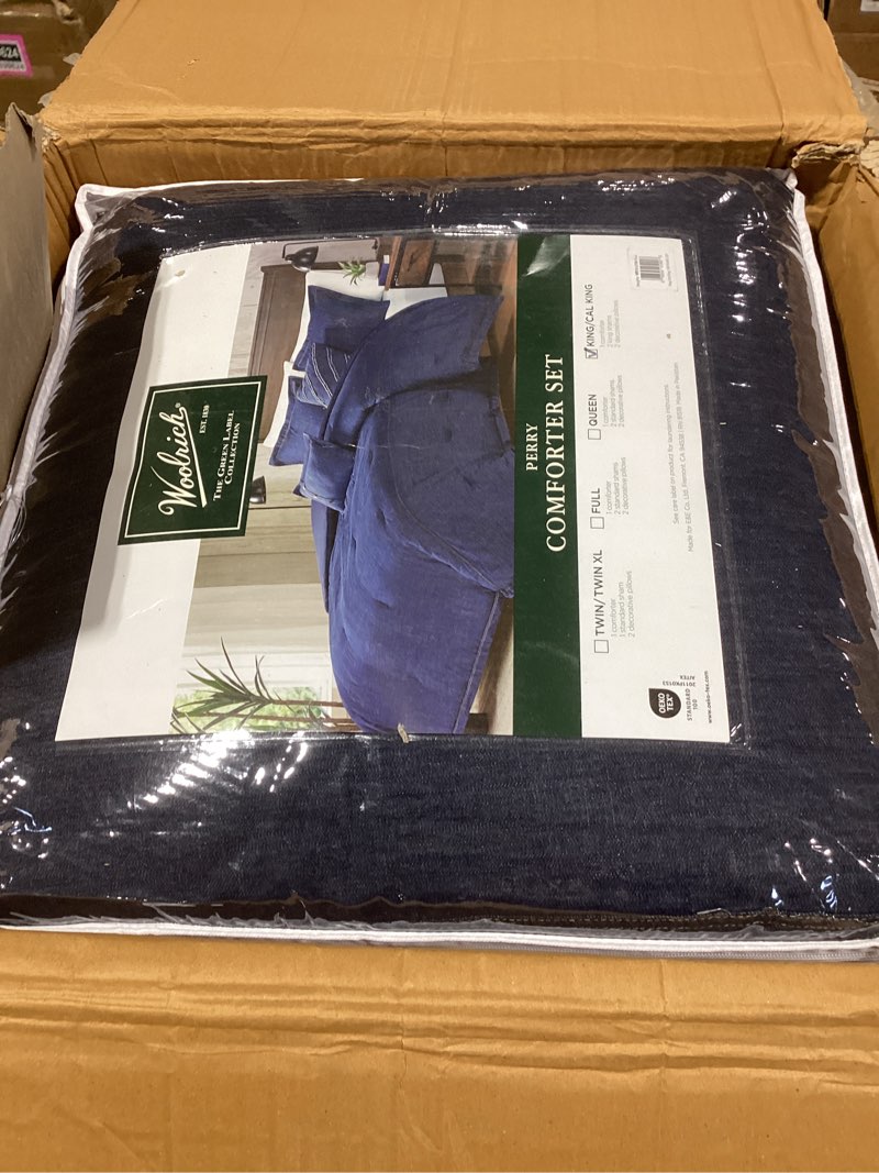 Condition photo showing Good Condition for Woolrich Rustic Lodge Cabin Comforter Set - All Season Down Alternative Warm Bedding Layer and Matching Shams, Oversized King, Perry, Denim Blue Perry, Denim Blue Oversized King