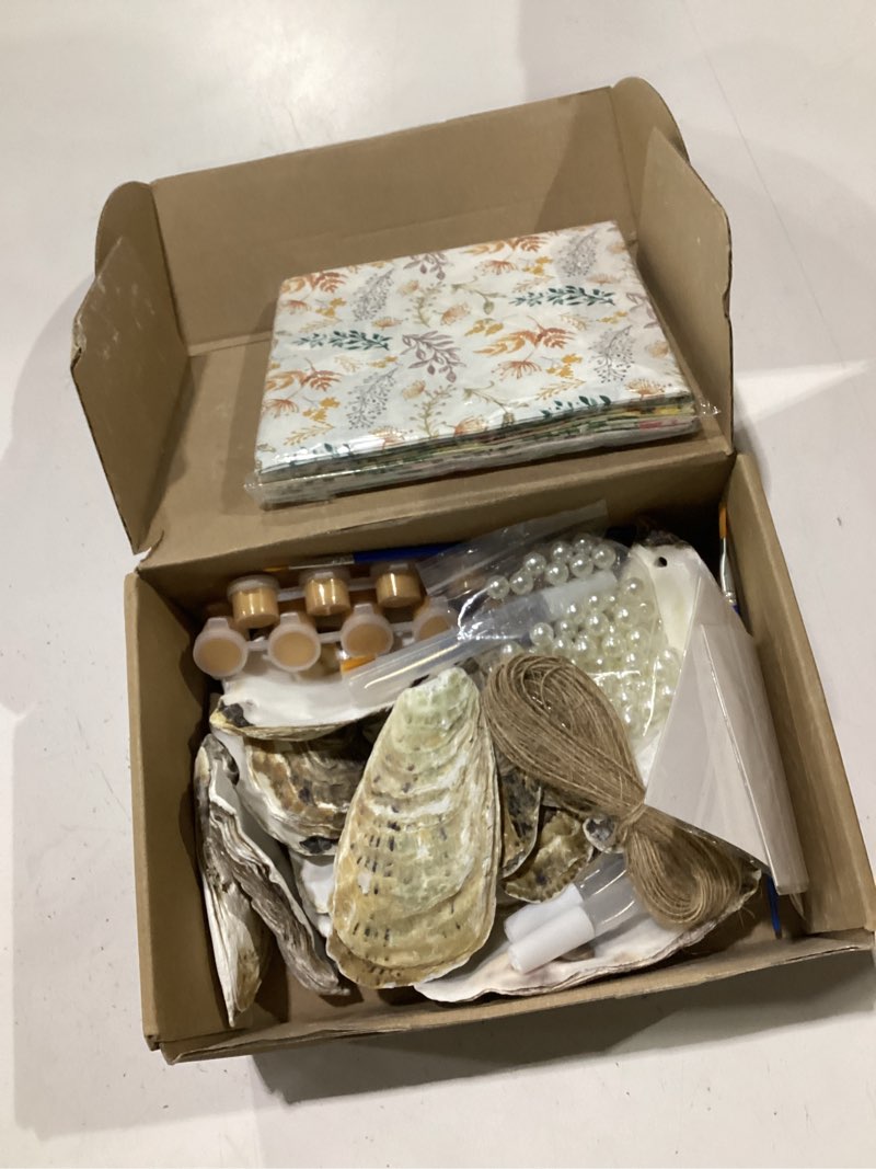 Condition photo showing Good Condition for 16 set large oyster shells for crafts kit 4"-5" white natural shells with holes included 32 pcs flower paper napkin brushes gold acrylic paint strips stickers and white plastic pearl for diy ornament