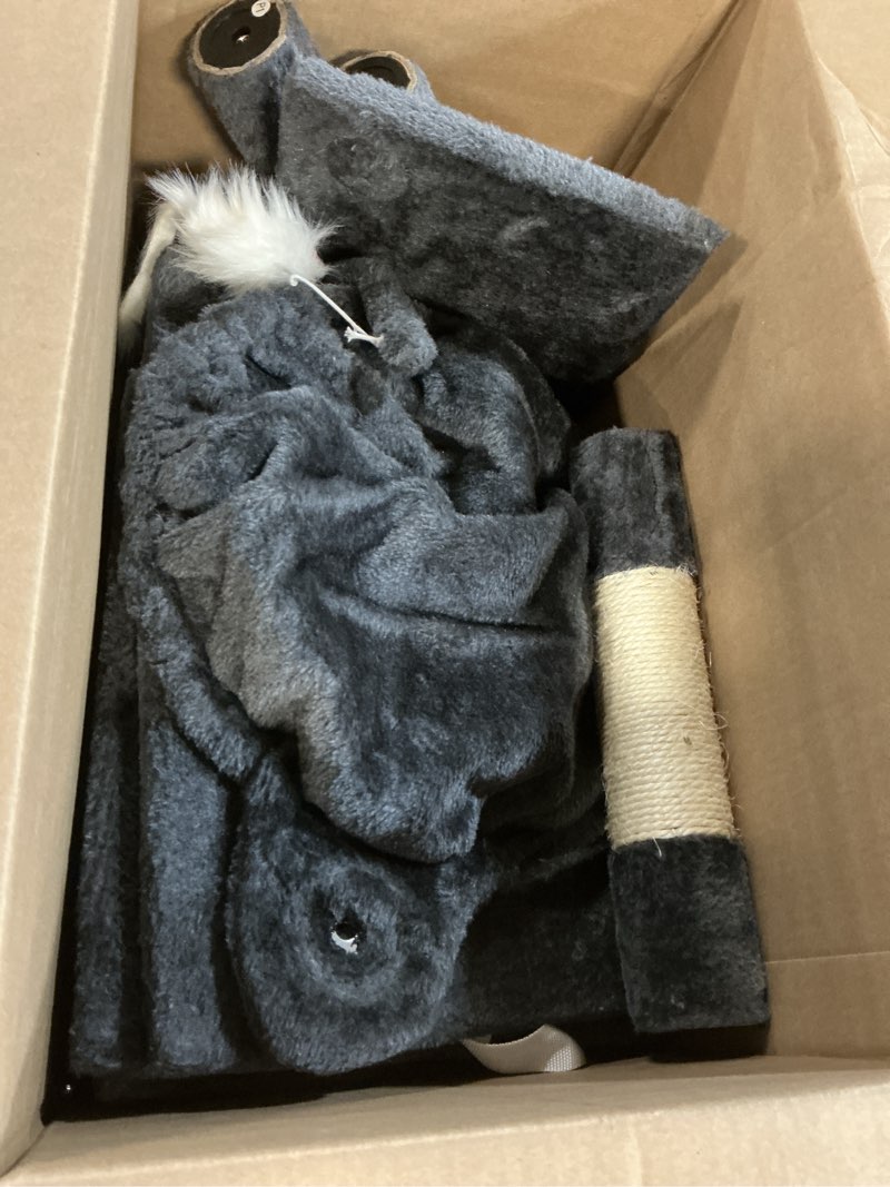 Condition photo showing As Is for heybly cat tree with toy, cat tower condo for indoor cats, cat house with padded plush perch, cozy hammock and sisal scratching posts, smoky gray hct004sg 43.3 inch smoky gray