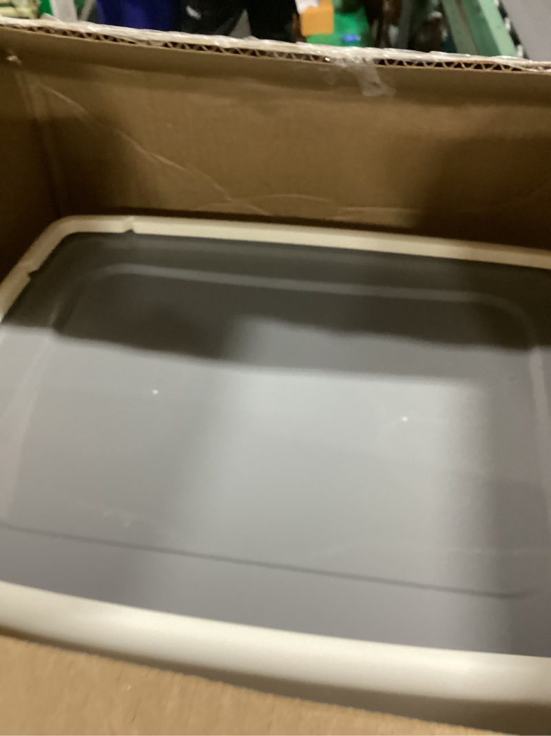 Condition photo showing Good Condition for Amazon Basics Large Cat Litter Box with High Sides, Open Top, Includes Scoop, 19 x 15 x 11.75 inches, Grey/Beige Grey/Beige Open Top