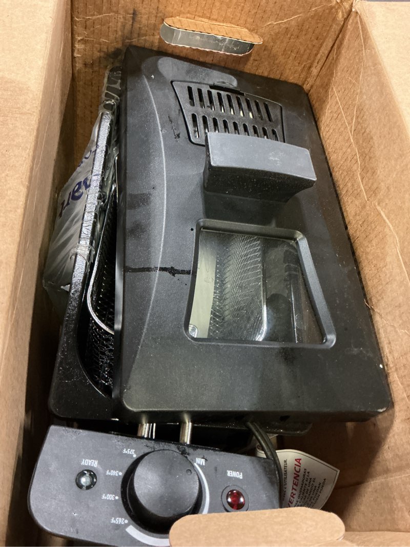 Condition photo showing As Is for amazon basics 3.2-qt (3.0l) electric deep fryer with adjustable temperature control, easy draining basket, viewing window, fast-heating 1500w, stainless steel exterior, black & silver 3.2-qt, black & silver