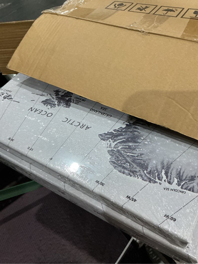 Condition photo showing New/Like New for 5 pieces vintage world map canvas prints push pin wall art decor trace travel marks the map of the world antique framed picture for living room office