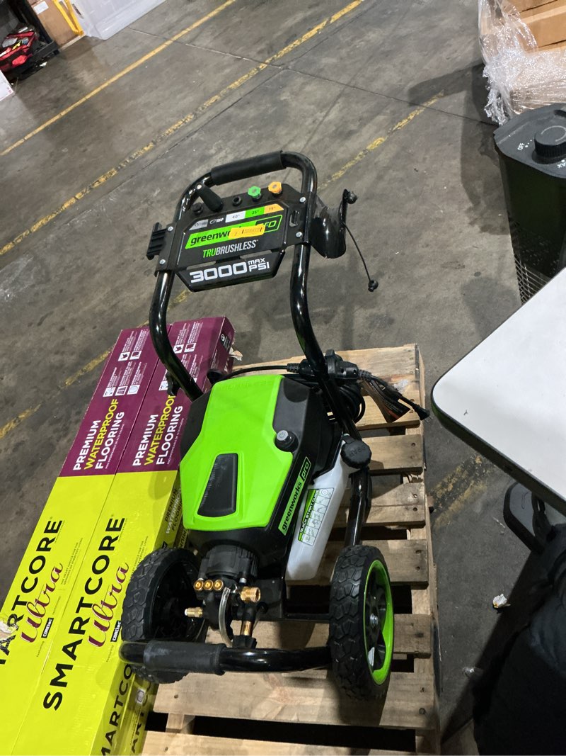 Condition photo showing As Is for greenworks pro 3000-psi 2.0-gpm cold water electric pressure washer with 5 spray tips