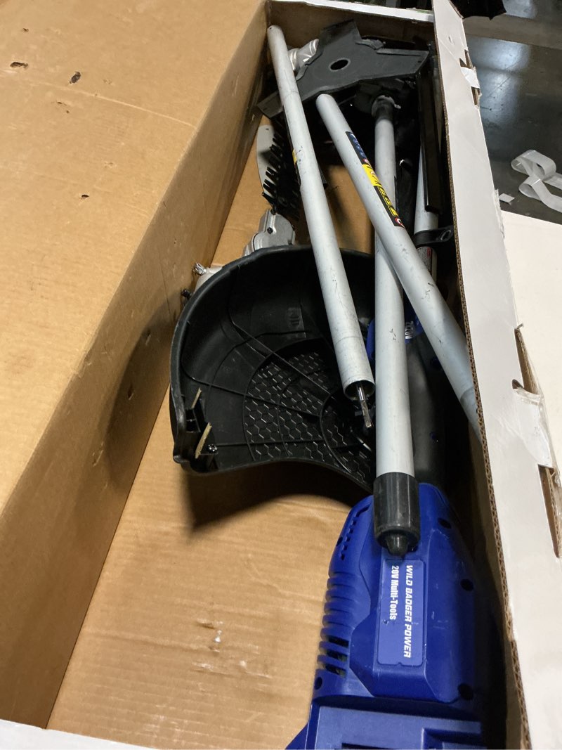Condition photo showing As Is for wild badger power 40v cordless weed wacker, string trimmer/edger, hedge trimmer and brush cutter blade, pole saw, attachment capable 4-in-1 multi-tool kit with 2 * 20v 4ah battery and 1 charger, blue upgraded 40v 4 in 1