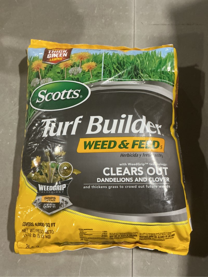 Condition photo showing New/Like New for scotts turf builder weed & feed5, weed killer and lawn fertilizer, controls dandelion, clover and more, 4,000 sq. ft, 11.32 lbs.